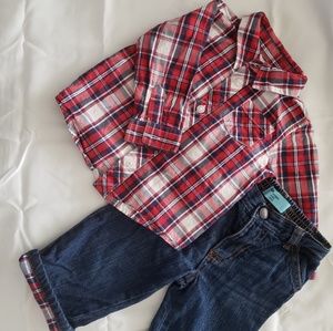 Old Navy plaid shirt with Jean's set 6-12m